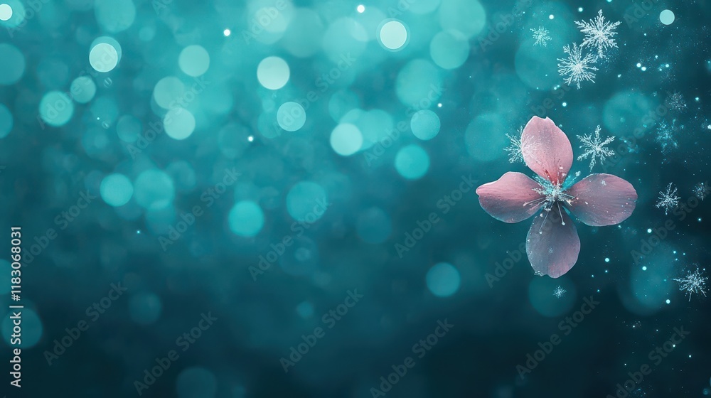Poster Delicate Pink Flower Covered in Soft Snowflakes Creating a Beautiful Contrast Between Winter and Spring in a Serene Natural Setting of Nature