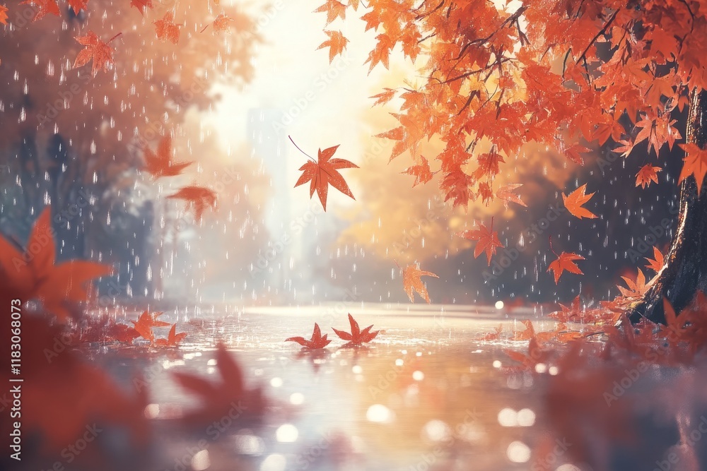 Poster tranquil autumn scene with vibrant red maple leaves and gentle rainfall creating a serene reflection