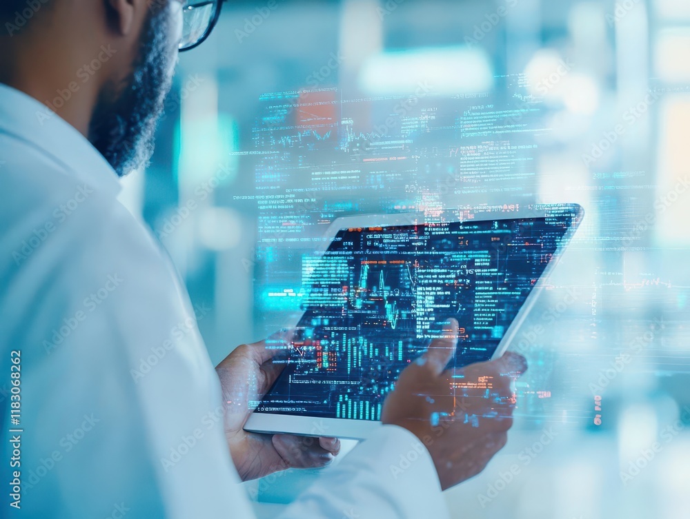 Poster Focused Man Engaged with Digital Interface on Tablet in Modern Workspace Emphasizing Technology Connection and Creativity in Professional Environment