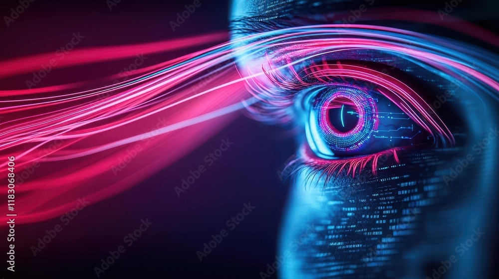 Poster threat detection ai depicted as a vigilant eye scanning swirling data streams, blending neon colors