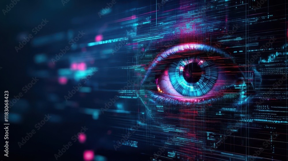 Aufkleber Intricate Digital Eye Surrounded by Futuristic Geometric Shapes and Vibrant Colors Creating a Mesmerizing Visual Experience of Technology and Art