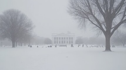 Snowy Cemetery Scene with Classic Building Winter
