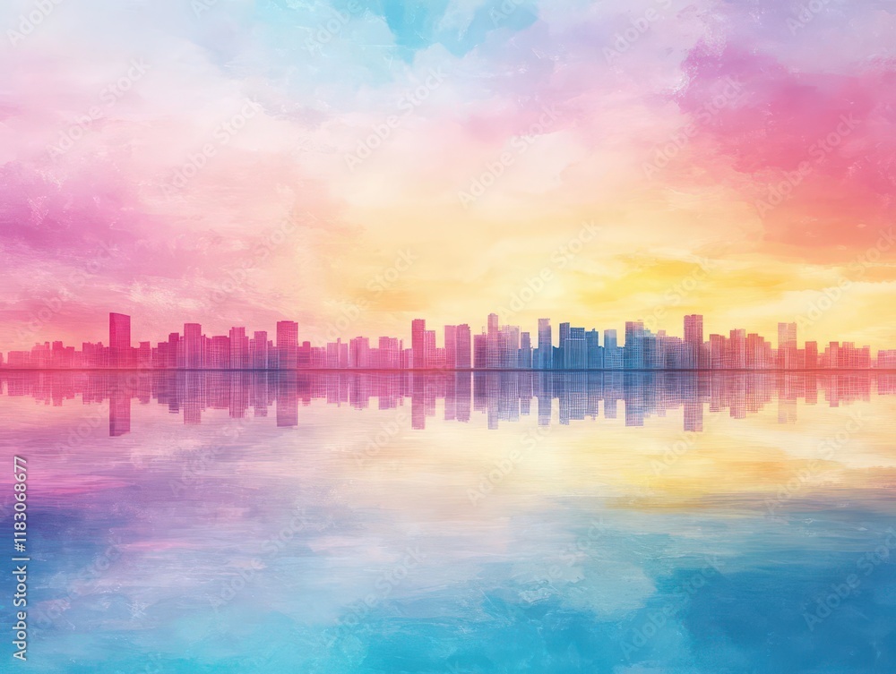 Aufkleber vibrant city skyline at dusk with colorful clouds and water reflection creating a captivating urban 