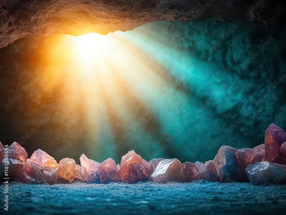 Poster Mysterious Cave Entrance Illuminated by Soft Light from Behind Door Creating an Enigmatic Atmosphere Inviting Exploration of Natural Wonders