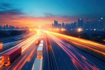 Obraz premium Vibrant Nighttime Highway Scene Capturing Flowing Traffic of Cars and Trucks Illuminated by Streetlights Against a Dark Starry Sky in Urban Landscape