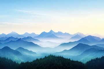 Fototapeta premium Veiled mountain ridges tower, illuminated by silvery light reflections, as whispers of fog banks swirl around