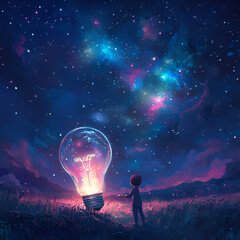 Dreaming Under the Stars
Cosmic Light of Inspiration
A Child's Starry Vision
Lightbulb in the Night Sky
Imagination Meets the Universe
Starry Dreams and Ideas