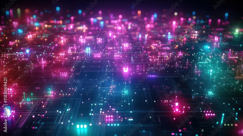 Aufkleber Vibrant and Colorful Circuit Board Illuminated by Numerous Twinkling Lights Representing Technology and Innovation in a Modern Digital Environment