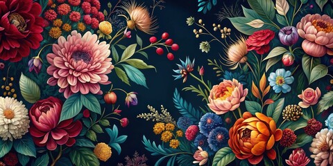 A vibrant tapestry of richly hued blossoms, lush foliage, and intricate botanical details, showcasing a breathtaking floral arrangement