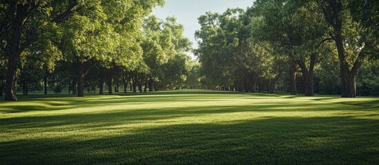Obraz premium Sunlit grassy park path lined with lush green trees.