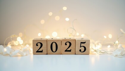 Wooden blocks displaying '2025' surrounded by soft glowing lights.