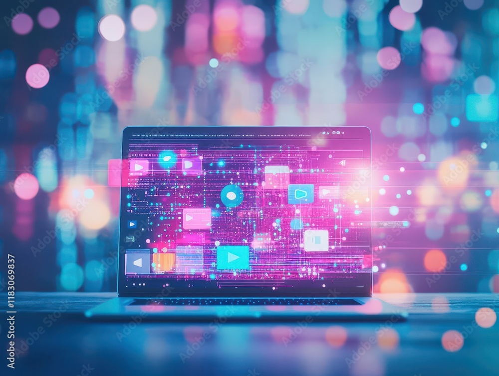 Poster Vibrant Laptop Set Against a Dynamic Colorful Background Showcasing Modern Technology and Creative Workspace for Productive and Inspiring Environments