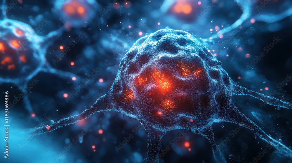 Poster microscopic view of a cell with glowing nucleus and intricate network.
