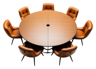 PNG Oval round table with brown leather chairs furniture room arrangement.