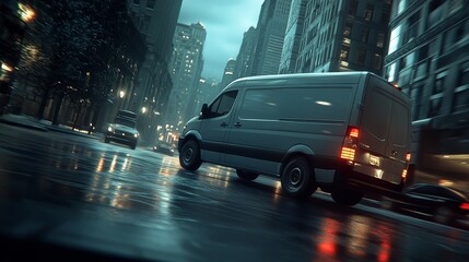 Fototapeta premium Urban Delivery Van Driving Through Rainy City Streets at Night, Surrounded by Glowing Skyscrapers and Reflections Puddles, Capturing Dynamic Urban Life