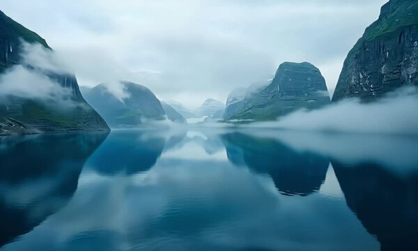 Serene fjord landscape with mist-shrouded mountains reflecting in calm water.