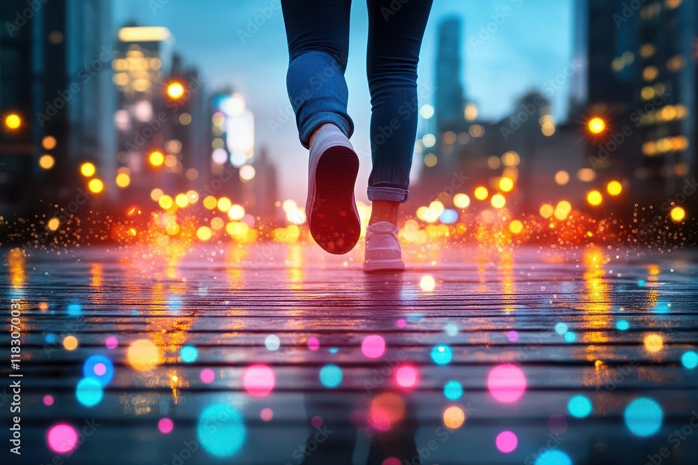 Aufkleber vivid urban silhouette dancing in twilight, glowing lights, from a low angle perspective, creating d