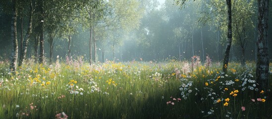 Fototapeta premium Sunlit meadow in a misty forest with wildflowers.