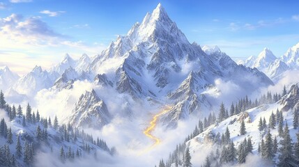 Snowy Mountainscape with Volcanic River Path