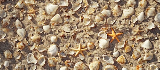 Fototapeta premium Seashells and starfish scattered on sandy beach.
