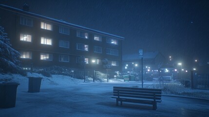 Obraz premium Snowy Night in Apartment Complex, Bleak Winter Scene