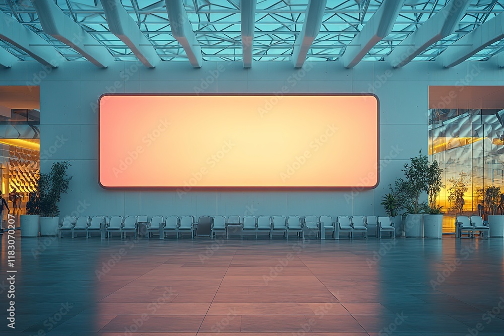 Poster large digital display in modern building lobby. rows of chairs await passengers or visitors in front