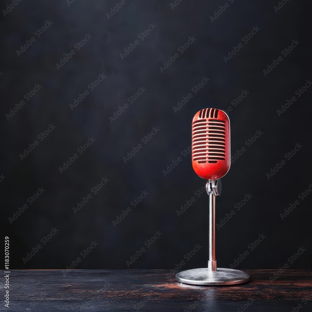 Poster Vibrant Red Microphone Resting on a Rustic Wooden Table Surrounded by Natural Light Creating an Inviting Atmosphere for Creative Expression and Performance