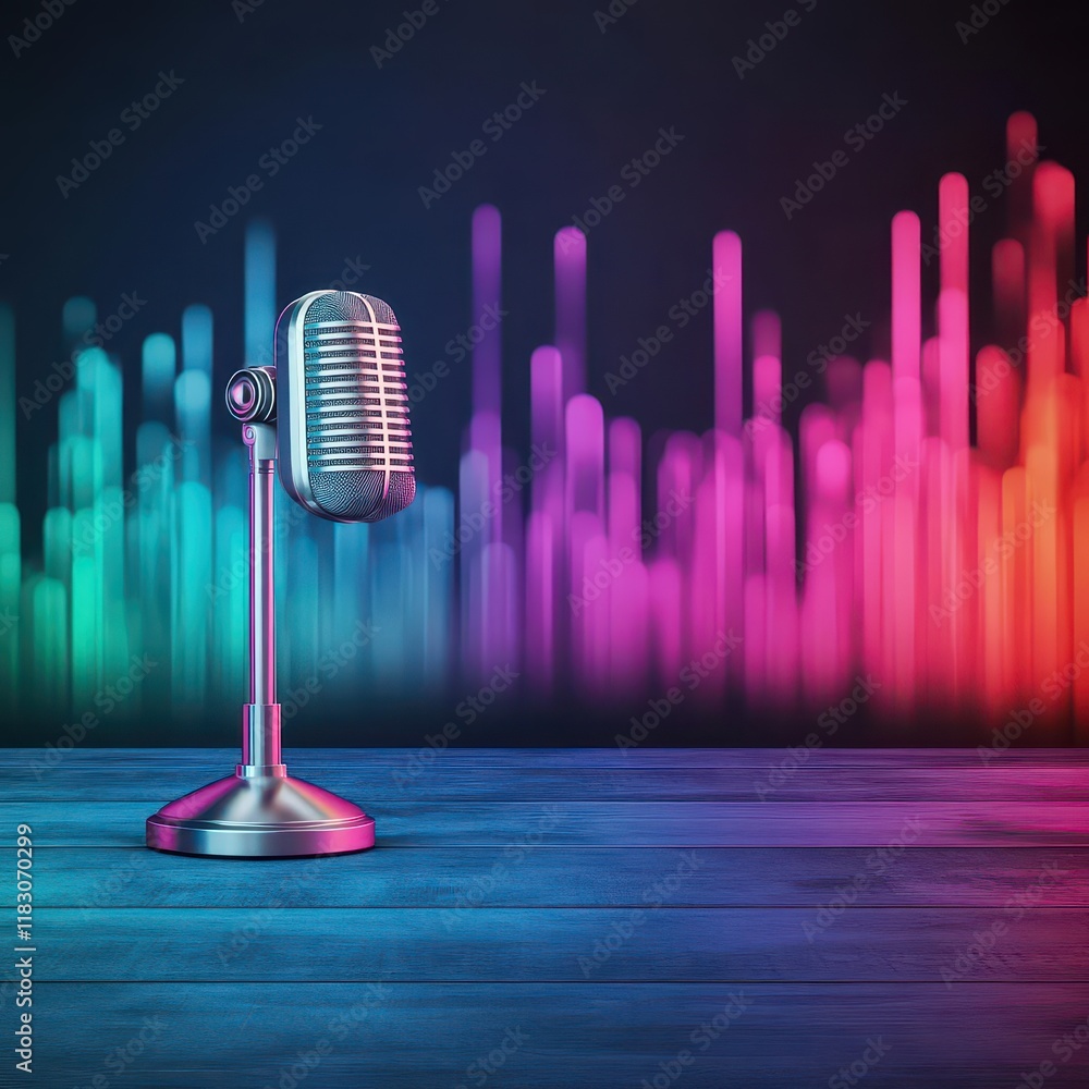 Poster Stylish Microphone Resting on Table with Vibrant City Skyline in Background Capturing Urban Elegance and Professional Atmosphere of Recording Space