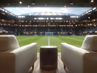 Exclusive VVIP Lounge within a Football Stadium with Lush Seating and Lighting