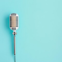 Fototapeta premium Stylish Microphone Against a Vibrant Blue Background Evoking Creativity and Inspiration in Music Production and Audio Recording Environments