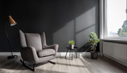 Empty Black Wall Mockup in Modern Contemporary Interior with Modern Recliner. Natural Daylight From a Window. Promotion Background.