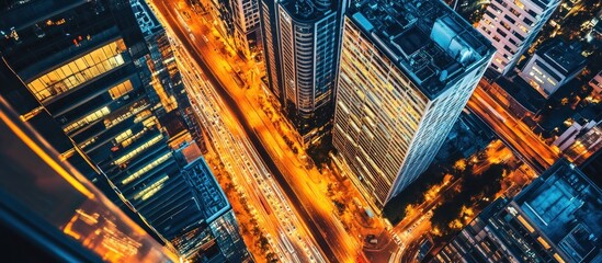 Aerial night view of city skyscrapers and illuminated streets.