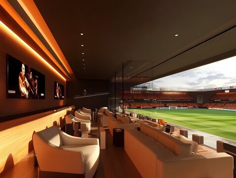 Luxurious VVIP football stadium lounge with premium seating and amenities