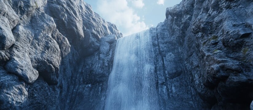 Majestic waterfall cascading down rocky cliffs under a bright sky.