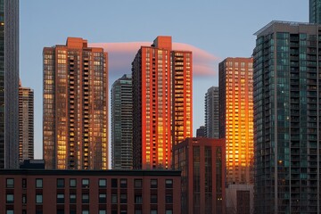 Urban Skyline at Dusk with Reflections of Sunset on Modern High-Rise Buildings Set Against a Clear Evening Sky in a Vibrant City Landscape