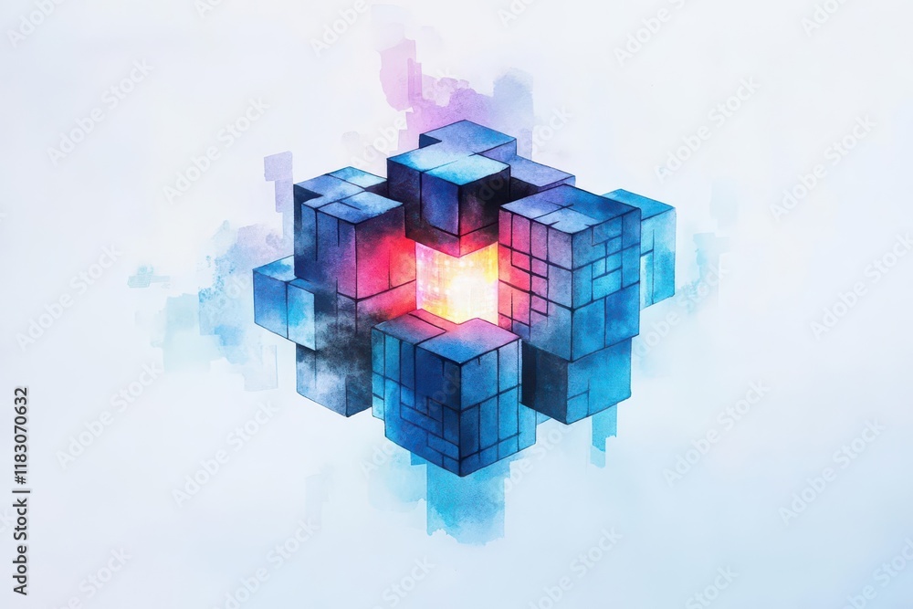 Aufkleber Vibrant Blue and Pink Cube Illuminated by Striking Red Light Creating a Futuristic and Artistic Display of Color and Geometry in a Minimalist Setting