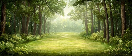 Fototapeta premium A serene forest clearing with lush greenery and soft light filtering through the trees, creating a tranquil atmosphere.