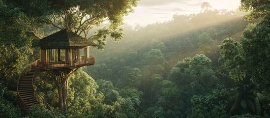 Sunrise illuminates a treehouse nestled high in a lush, green forest canopy.