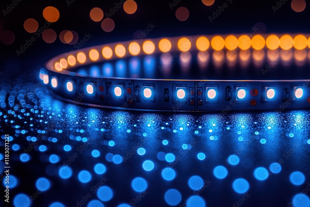 Poster led strip lights illuminating a dark surface, creating a vibrant bokeh effect. perfect for technolog