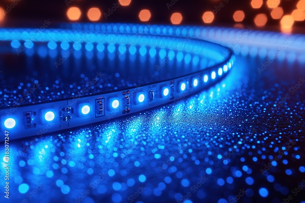 Poster close-up of illuminated led strip lights, creating a vibrant blue glow on a sparkling surface. perfe