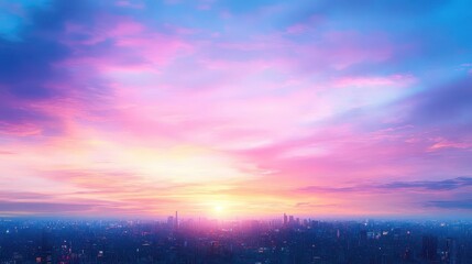 Obraz premium Vibrant Cityscape Under a Dreamy Pink Sky at Dusk with Silhouetted Buildings and Tranquil Atmosphere Creating a Magical Urban Landscape Experience