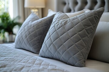 Fototapeta premium Close-up of soft, quilted gray pillows on a bed, showcasing luxurious bedding textures.