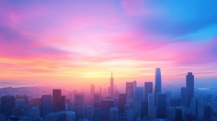 Fototapeta premium Wide-angle view captures the urban horizon, sunset hues blend across the skyline, dynamic perspective, dramatic lighting