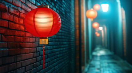 Vibrant red Chinese lantern illuminating dark alley, creating warm and inviting atmosphere. soft glow contrasts beautifully with cool blue light