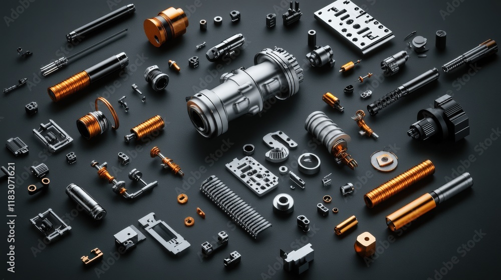 Poster collection of mechanical components and precision parts highlighting the intricate designs and finis