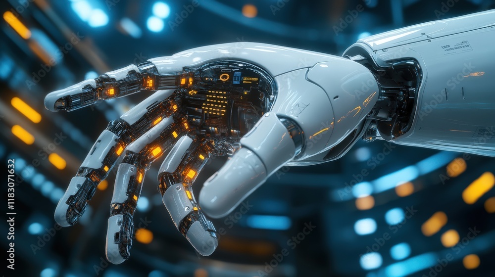 Poster Futuristic Robot Hand with Intricate Circuitry and Bright Lights in a High-Tech Environment Showcasing Advanced Technology and Innovation