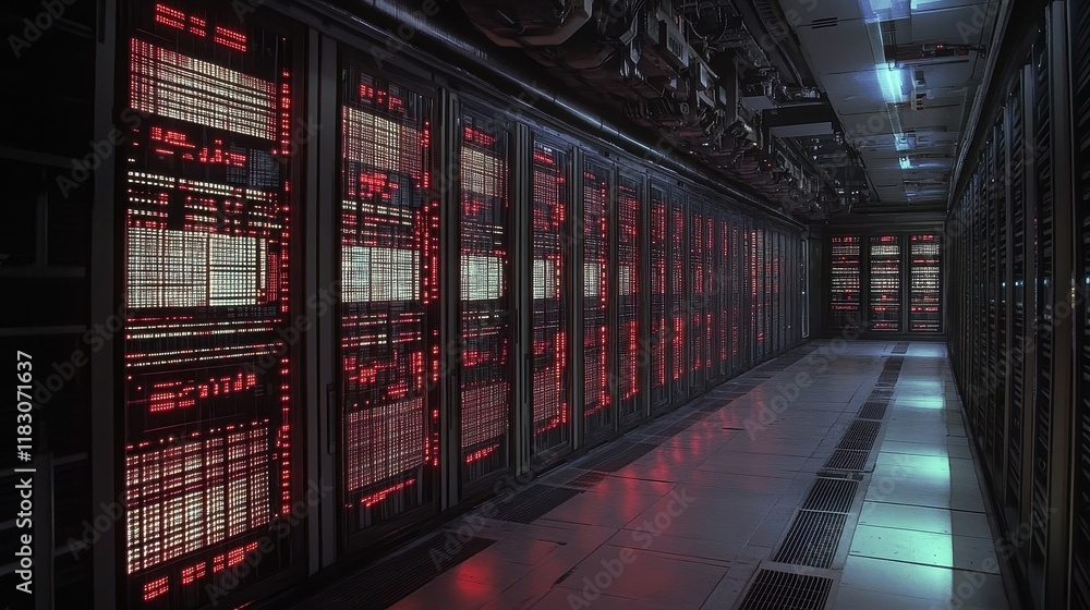 Poster long corridor of glowing server racks in a data center. illustrates concepts of big data, technology