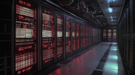 Long corridor of glowing server racks in a data center. Illustrates concepts of big data, technology, and computing power.