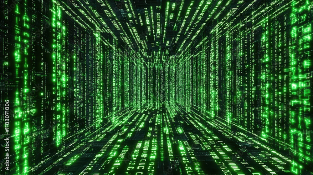 Poster green digital code streams in a dark tunnel. ideal for tech, futuristic, or data concepts.