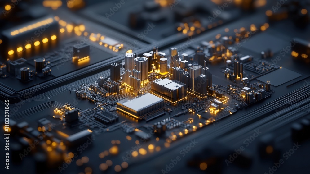 Poster Futuristic Abstract Cityscape with Circuit Board Design Featuring Glowing Components and Illuminated Buildings in a Technological Environment